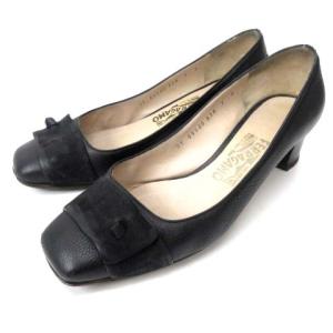 パンプス スクエアトゥ レザー シボ革 黒 ブラック 7 約24.5cm