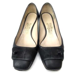 Salvatore Ferragamo パンプス スクエアトゥ レザー シボ革 黒 ブラック 7 約24.5cm