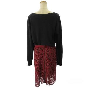 sacai 美品 レース × ニット ドッキング ワンピース ひざ丈 長袖 ウール グレー 灰 ボルドー 3 約Lサイズ