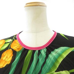 LEONARD FASHION 美品 ノースリーブ カットソー シースルー 花柄 サイドリボン ギャザー 黒 ブラック LGY09