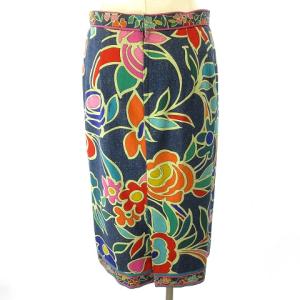 LEONARD FASHION シルク デニム ひざ丈 タイト スカート 花柄 ブルー マルチカラー 69-94 約LGY09