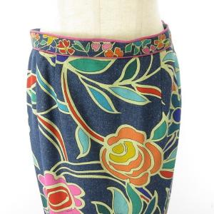 LEONARD FASHION シルク デニム ひざ丈 タイト スカート 花柄 ブルー マルチカラー 69-94 約LGY09