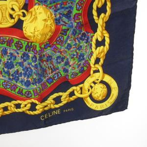 CELINE 美品 スカーフ シルク マカダム ゴールド チェーン ネイビー レッド GY09
