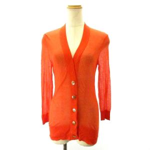 タグ付き シアー カーディガン ニット 長袖 Tロゴ ゴールドボタン オレンジ S EC