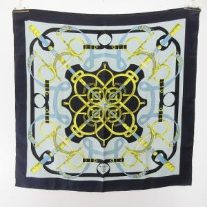 カレ 90 Eperon d'or 黄金の拍車 スカーフ シルク ブルー系 EC