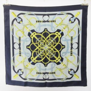 HERMES カレ 90 Eperon d'or 黄金の拍車 スカーフ シルク ブルー系 EC