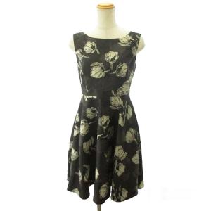 近年モデル 美品 花柄 ノースリーブ ワンピース ひざ丈 3713 1242-0 黒 ブラック 36 約S