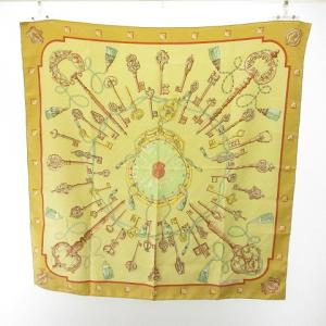 カレ90 LES CLES スカーフ ストール ショール シルク 鍵柄 イエロー