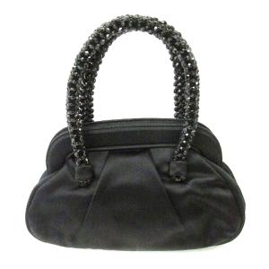 PRADA ミニ ハンドバッグ がま口 三角ロゴプレート シルク混 ビジューハンドル BN1370 ブラック