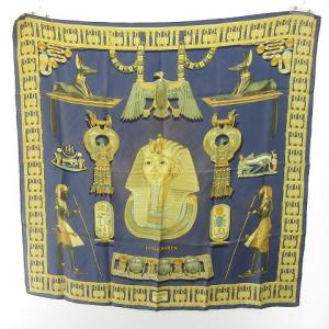 スカーフ カレ90 TUTANKHAMUN ツタンカーメン シルク 青 ブルー GY09