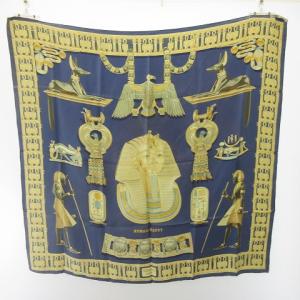 HERMES スカーフ カレ90 TUTANKHAMUN ツタンカーメン シルク 青 ブルー GY09