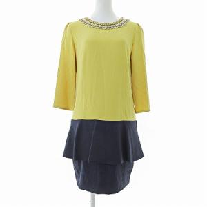 ビジュー ワンピース 膝丈 7分袖 フリル バイカラー イエロー ネイビー 黄色 紺 38 1012 GY09