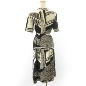 LEONARD FASHION セットアップ ツーピース ひざ丈 ベルト付き 総柄 黒 ブラック ベージュ 約L GY09