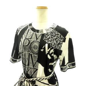 LEONARD FASHION セットアップ ツーピース ひざ丈 ベルト付き 総柄 黒 ブラック ベージュ 約L GY09