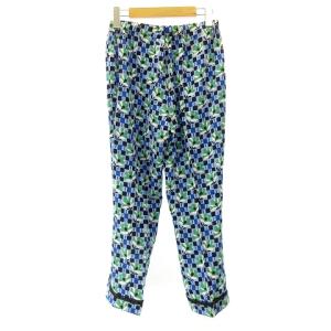 PRADA 16年 美品 イージーパンツ スラックス シルク 花柄 ロゴ レース 青 ブルー ブラック 38 M 国内正規