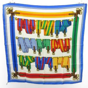 カレ90 J METZ Les Sangles スカーフ サスペンダー柄 シルク ブルー マルチカラー