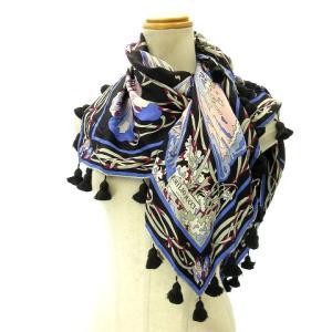 Emilio Pucci 美品 スカーフ シルク ストール  タッセル 蝶 プリント ベイズリー柄 黒 ブラック パープル レディース