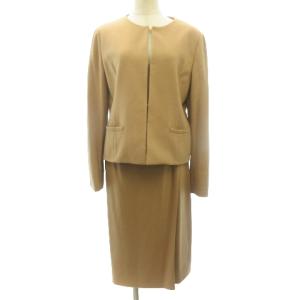 美品 セットアップ ノーカラージャケット ひざ丈 スカート ウール キャメル ベージュ系 40 約M-L