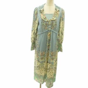 美品 近年 ワンピース キャミソール付 スカート カットソー マキシ フリル ペイズリー柄 ブルー系 36 約S 01211