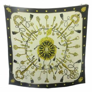 カレ90 LES CLES スカーフ ストール ショール シルク 鍵モチーフ 黒 ブラック 白 ホワイト STK