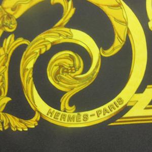 HERMES 美品 カレ90 チュイルリー公園 スカーフ ストール ショール シルク 黒 ブラック ゴールド STK