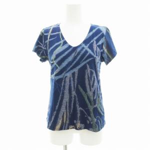 Tシャツ カットソー Vネック 半袖 総柄 S 紺 ネイビー