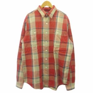 極美品 チェックシャツ 長袖 アンカー刺繍 赤 レッド ベージュ Lサイズ