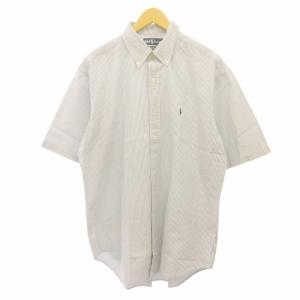 美品 BLAKE シアサッカーシャツ ストライプ ポニー刺繍 半袖 白 青 L