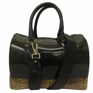 FURLA キャンディバッグ ハンドバッグ ショルダーバッグ 2WAY ロゴ カデナ付 PVC×レオパード柄 黒 ブラック