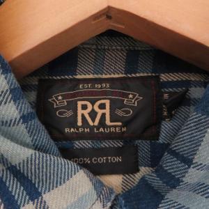 RRL 復刻 00s 1つ星タグ ネルシャツ チェックシャツ カットオフ ダブルポケット 長袖 青 × 白 M STK