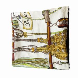 HERMES pasementerie 紐飾り カレ90 スカーフ チーフ 絹 シルク 総柄 白 ホワイト 紺 ネイビー
