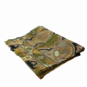 ETRO 美品 マフラー ストール フリンジ カットオフ ペイズリー柄 シルク混 カーキ