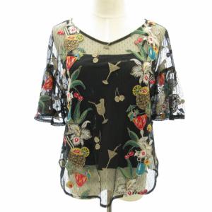 美品 21SS チュールカットソー ブラウス レース シースルー 刺繍 黒 ブラック 36 約S 1218