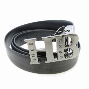 HUGO BOSS タグ付き 本革 ロゴ バックル ベルト シャドーチェック レザー ハトメ 総柄 牛革 黒 ブラック 0122 ECO