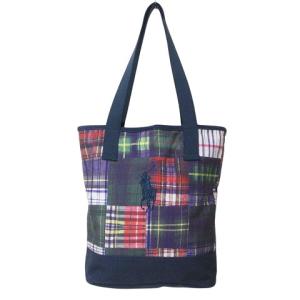 ビッグポニー刺繍 トートバッグ ハンドバッグ マドラスチェック パッチワーク キャンバス ネイビー マルチカラー AA X
