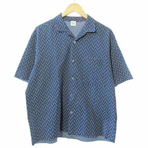 オープンカラー シャツ 半袖 総柄 ヘリンボーン L 青 0219