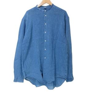 LE COLLEZIONI シルクリネン シャツ イタリア製 長袖 バンドカラー M 青 ブルー AA X