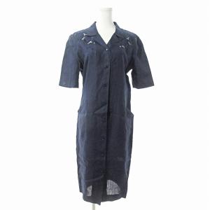 美品 ヴィンテージ リネン 麻 シャツ ワンピース ロング 5分袖 フラワー レース 刺繍 42 紺 ネイビー 0305