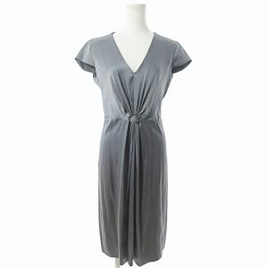 美品 シルク ワンピース ミディ丈 ロング 半袖 Vネック 40 グレー 0305