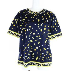 FASHION Uネック総柄カットソー LL ネイビー