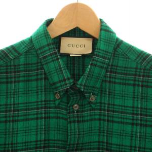 GUCCI 22SS チェックウールシャツ ボタンダウン ロッキングホース刺繍 48 グリーン 672701
