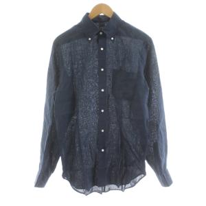 リネン ボタンダウンシャツ ワイシャツ ドレスシャツ 長袖 15.5/39 紺 ネイビー 21-11-0202-563