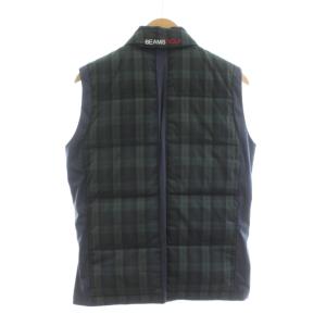 BEAMS GOLF ダウンベスト 切替 ジップアップ チェック柄 ワッペン M 緑 グリーン 黒 ブラック 紺 ネイビー 84-06-0019-803