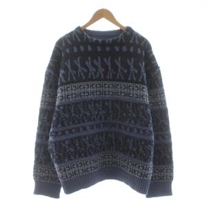 ニット セーター 長袖 クルーネック 総柄 青 ブルー 紺 ネイビー /KU