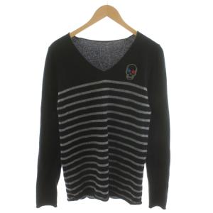 ニット セーター 長袖 Vネック ボーダー スカル刺繍 カシミヤ L グレー 黒 ブラック /AN18