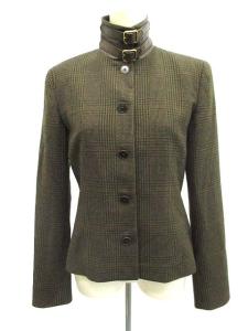 ジャケット スタンドカラー カシミヤ チェック 切替 羊革 ショート 4 茶