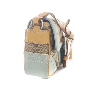 COACH シグネチャー ショルダーバッグ ポシェット 斜めがけ ベルト キャンバス レザー ベージュ 茶色 ブラウン 水色 ライトブルー
