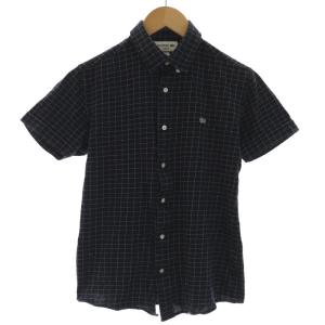 SLIM FIT ウィンドウ ペン ビズポロシャツ 半袖 ボタンダウン ロゴ刺繍 チェック柄 XS 紺 ネイビー PH763EL