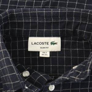 LACOSTE SLIM FIT ウィンドウ ペン ビズポロシャツ 半袖 ボタンダウン ロゴ刺繍 チェック柄 XS 紺 ネイビー PH763EL