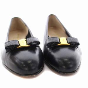 Salvatore Ferragamo パンプス ローヒール シューズ ヴァラリボン レザー 6C 23cm 紺 ネイビー